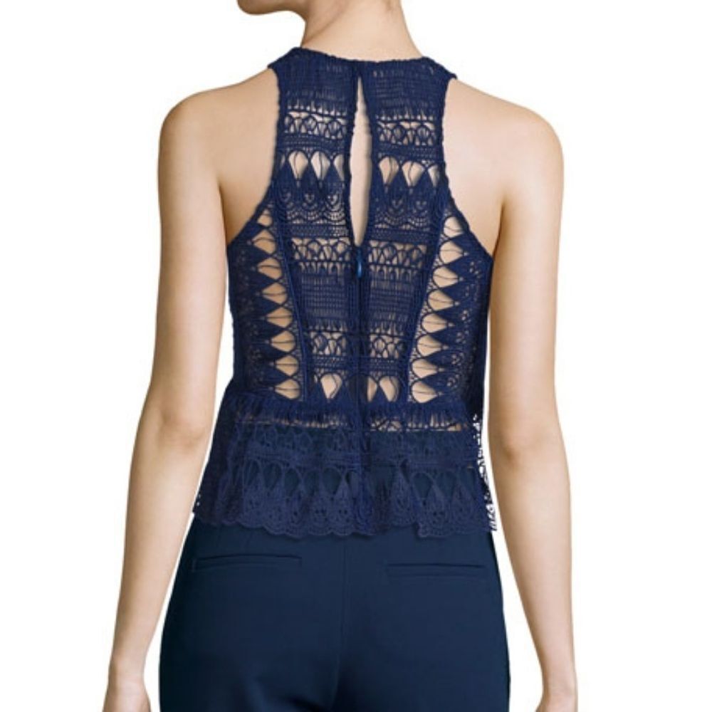 NEW SELF-PORTRAIT‎ NAVY LACE PEPLUM TOP SZ US 8 - Picture 2 of 2